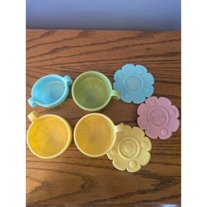 Pastel Plastic Toy Tea Set 4 Cups 3 Flower Saucers‎ Embossed Hearts Butterflies